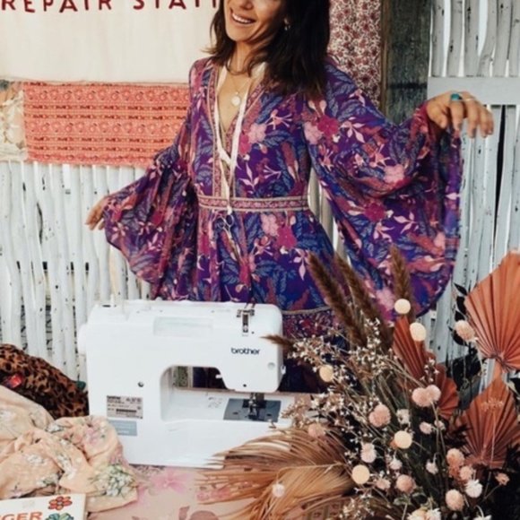 075 Boho Purple Floral Print V neck Cottagecore Dress - Picture 14 of 14